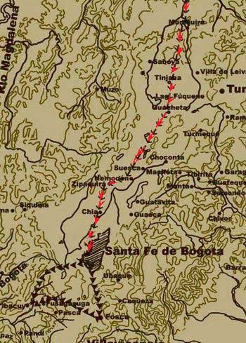 Mapa de la ruta de llegada de JimenÉz de Quesada