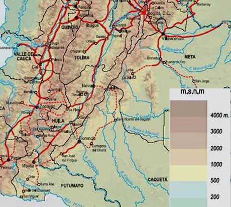 Mapa de carreteras del sur de Colombia