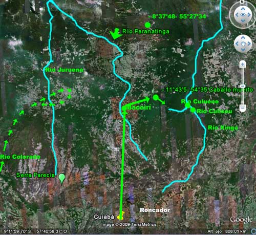 ruta de Percy Fawcett sobre plano de Google Earth